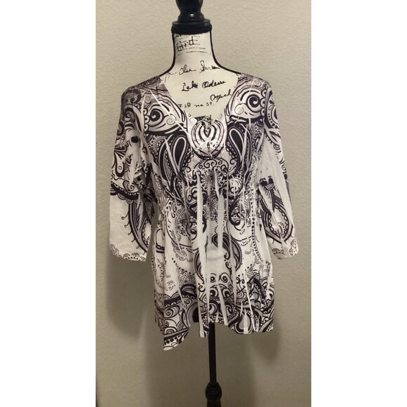 One world Black & White Paisley Print Blouse Size XL - Picture 1 of 5